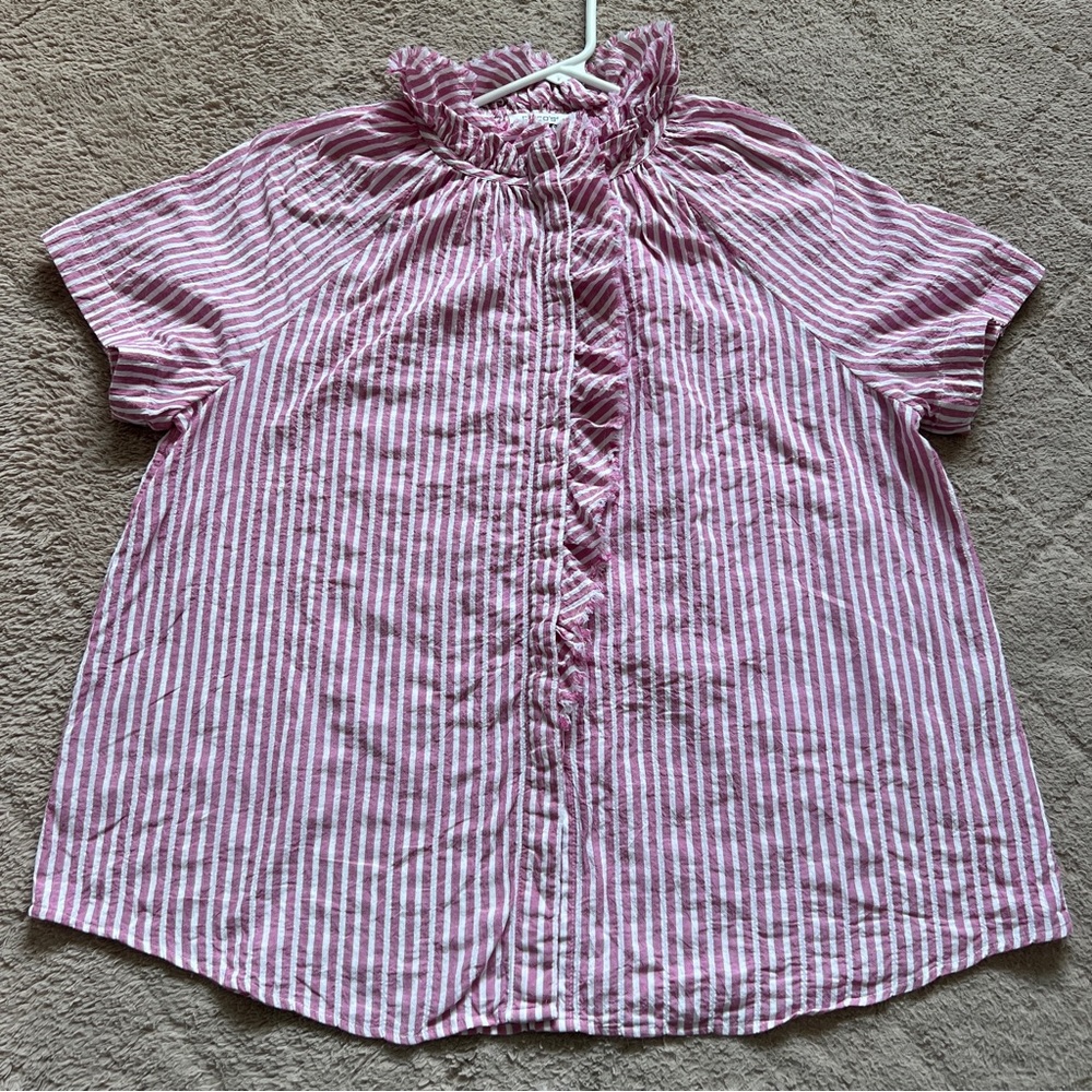 Chico's Striped Ruffle Neck Button‎ Down Blouse Preppy Western Cottage Size 14